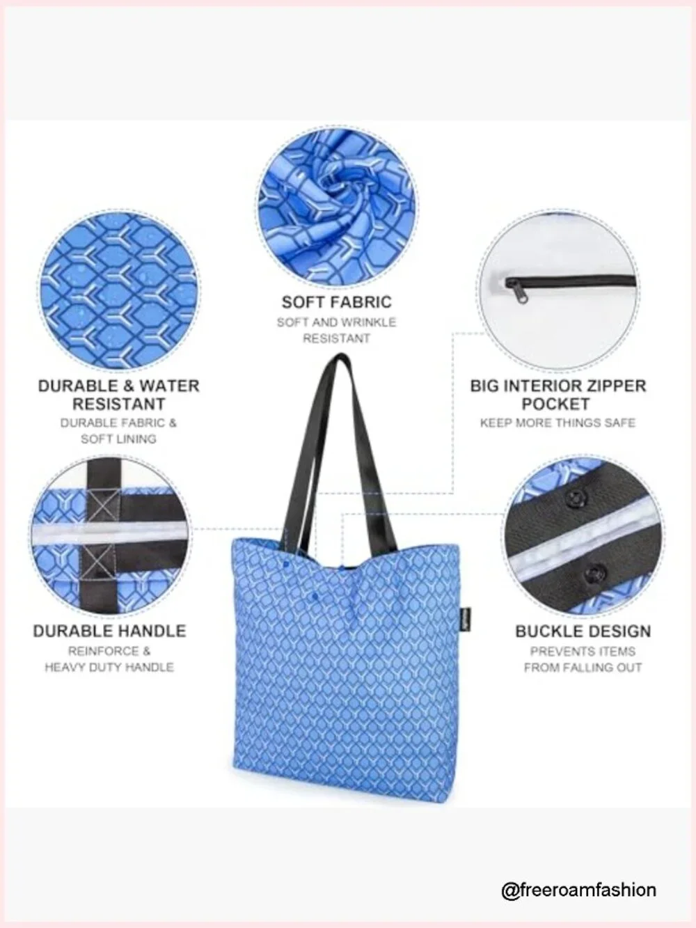 Large Tote Bag with Zippered Inner Pocket - Reusable Shoulder Bag for Shopping,